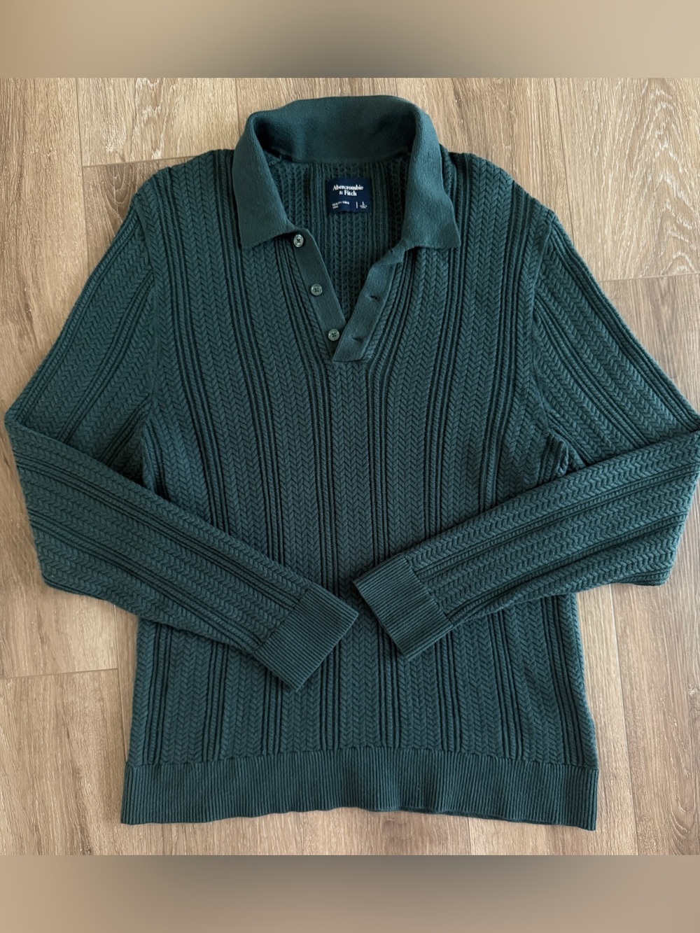 Abercrombie and Fitch Mens L Large Green Ribbed Knit Polo Sweater
